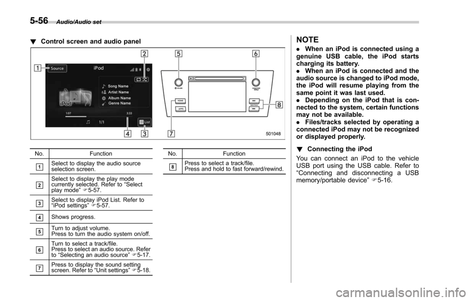 SUBARU FORESTER 2017 SJ / 4.G Owners Manual Audio/Audio set
!Control screen and audio panel
No. Function
&1Select to display the audio source
selection screen.
&2Select to display the play mode
currently selected. Refer to “Select
play mode �