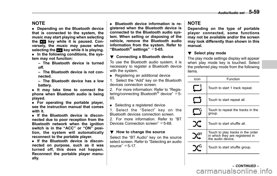 SUBARU FORESTER 2017 SJ / 4.G Owners Manual NOTE
.Depending on the Bluetooth device
that is connected to the system, the
music may start playing when selecting
the
key while it is paused. Con-
versely, the music may pause when
selecting the
key SUBARU FORESTER 2017 SJ / 4.G Owners Manual NOTE
.Depending on the Bluetooth device
that is connected to the system, the
music may start playing when selecting
the
key while it is paused. Con-
versely, the music may pause when
selecting the
key