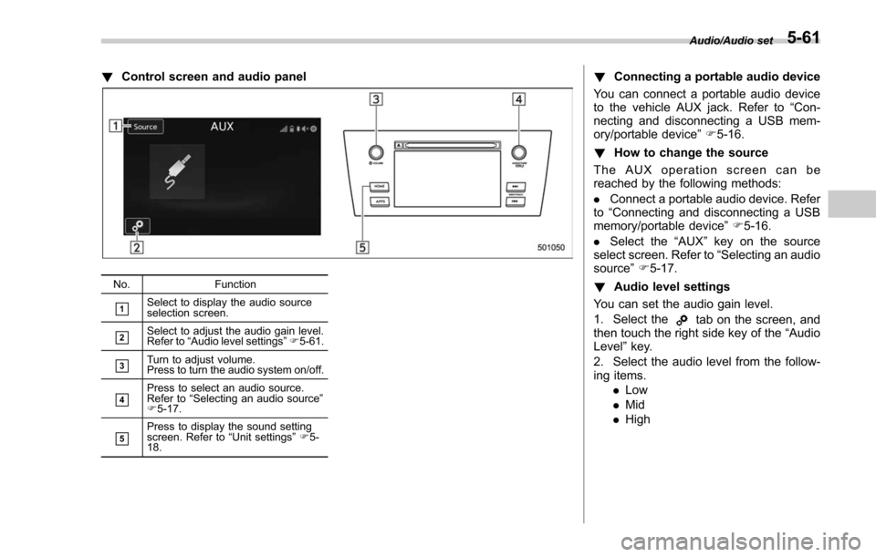 SUBARU FORESTER 2017 SJ / 4.G Owners Manual !Control screen and audio panel
No. Function
&1Select to display the audio source
selection screen.
&2Select to adjust the audio gain level.
Refer to“Audio level settings ”F 5-61.
&3Turn to adjust