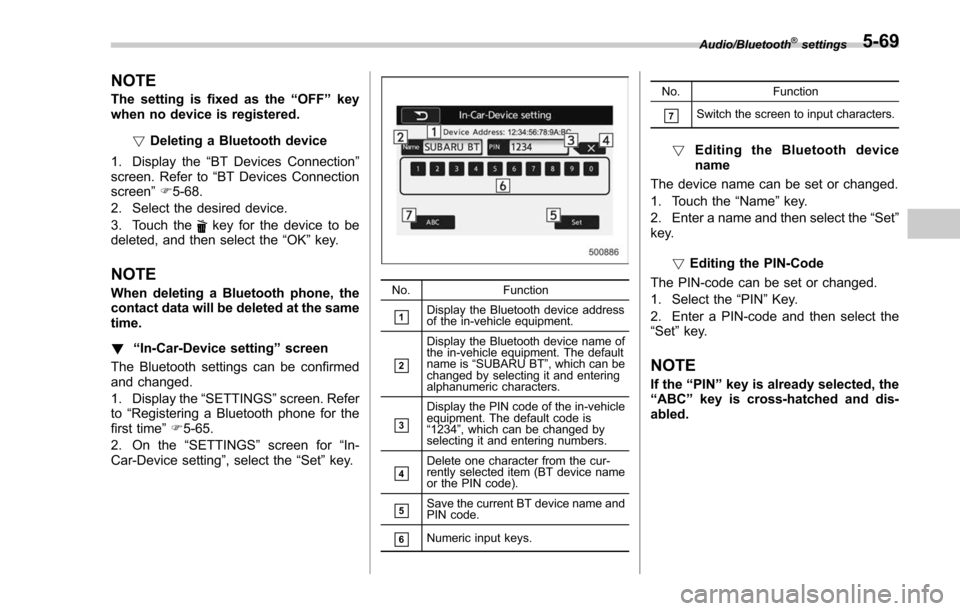 SUBARU FORESTER 2017 SJ / 4.G Owners Manual NOTE
The setting is fixed as the“OFF ”key
when no device is registered.
!Deleting a Bluetooth device
1. Display the “BT Devices Connection ”
screen. Refer to “BT Devices Connection
screen” SUBARU FORESTER 2017 SJ / 4.G Owners Manual NOTE
The setting is fixed as the“OFF ”key
when no device is registered.
!Deleting a Bluetooth device
1. Display the “BT Devices Connection ”
screen. Refer to “BT Devices Connection
screen”