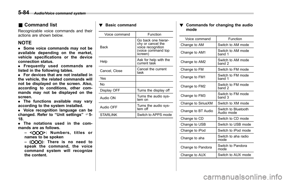 SUBARU FORESTER 2017 SJ / 4.G Owners Manual Audio/Voice command system
&Command list
Recognizable voice commands and their
actions are shown below.
NOTE
. Some voice commands may not be
available depending on the market,
vehicle specifications 