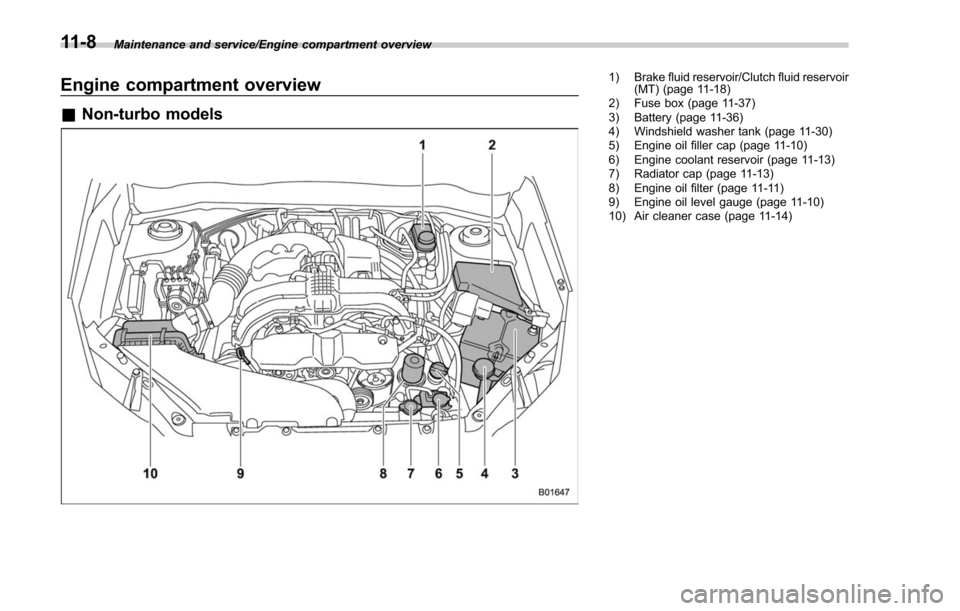 SUBARU FORESTER 2017 SJ / 4.G Owners Manual Maintenance and service/Engine compartment overview
Engine compartment overview
&Non-turbo models
1) Brake fluid reservoir/Clutch fluid reservoir
(MT) (page 11-18)
2) Fuse box (page 11-37)
3) Battery SUBARU FORESTER 2017 SJ / 4.G Owners Manual Maintenance and service/Engine compartment overview
Engine compartment overview
&Non-turbo models
1) Brake fluid reservoir/Clutch fluid reservoir
(MT) (page 11-18)
2) Fuse box (page 11-37)
3) Battery