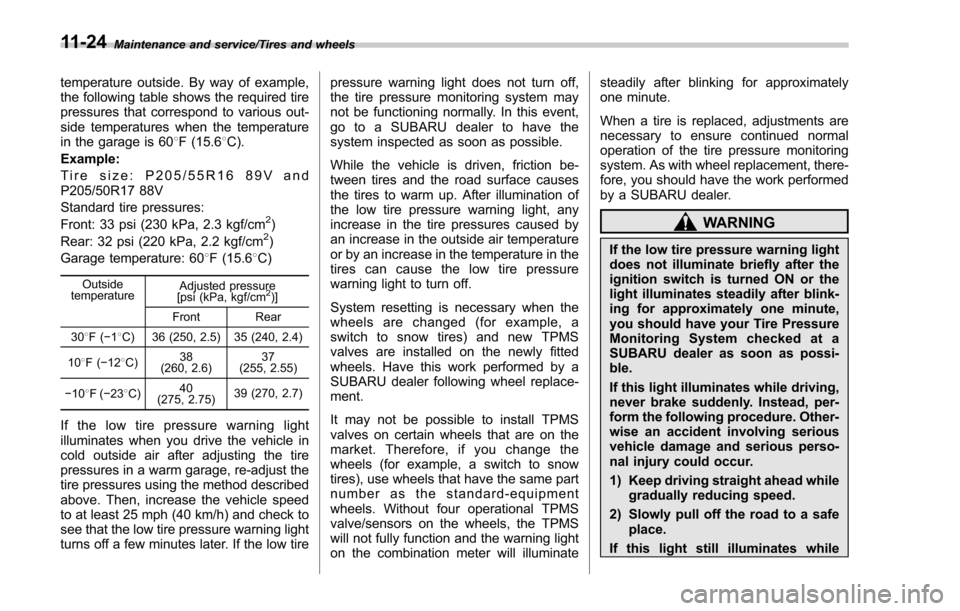 SUBARU FORESTER 2017 SJ / 4.G Owners Manual Maintenance and service/Tires and wheels
temperature outside. By way of example,
the following table shows the required tire
pressures that correspond to various out-
side temperatures when the temper SUBARU FORESTER 2017 SJ / 4.G Owners Manual Maintenance and service/Tires and wheels
temperature outside. By way of example,
the following table shows the required tire
pressures that correspond to various out-
side temperatures when the temper