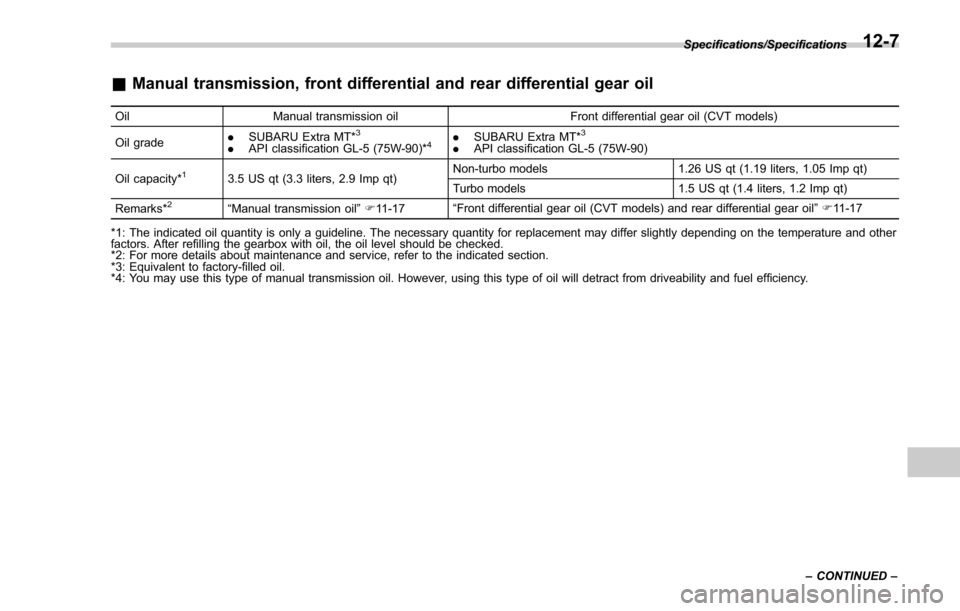 SUBARU FORESTER 2017 SJ / 4.G User Guide &Manual transmission, front differential and rear differential gear oil
Oil Manual transmission oil Front differential gear oil (CVT models)
Oil grade .
SUBARU Extra MT*3
.API classification GL-5 (75W