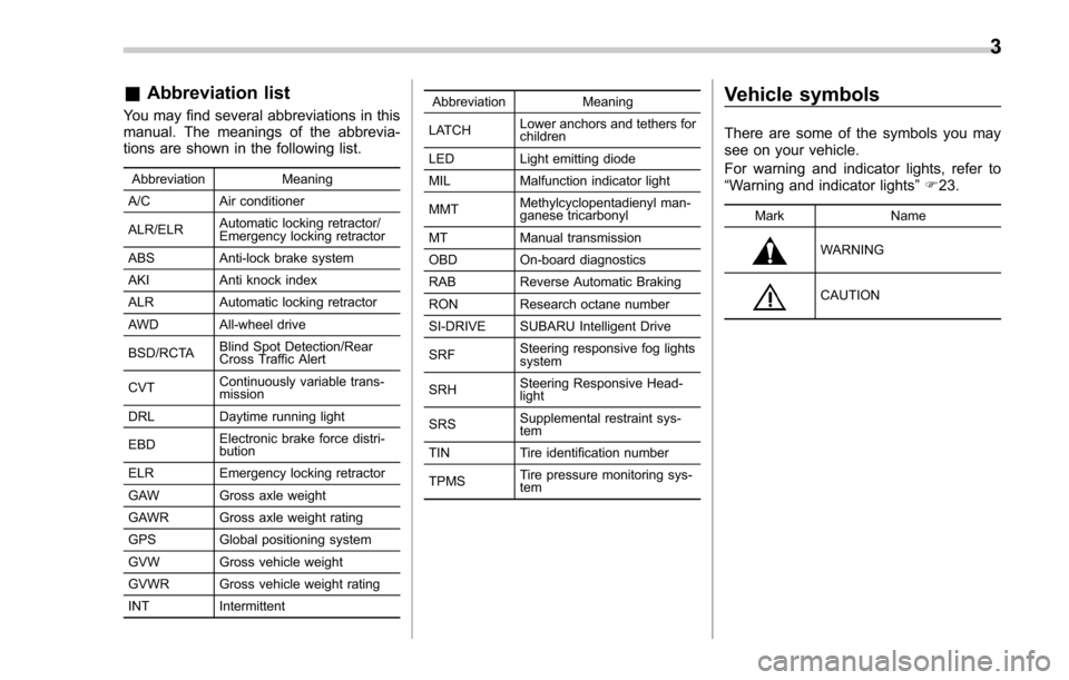 SUBARU FORESTER 2017 SJ / 4.G Owners Manual &Abbreviation list
You may find several abbreviations in this
manual. The meanings of the abbrevia-
tions are shown in the following list.
Abbreviation Meaning
A/C Air conditioner
ALR/ELR Automatic lo SUBARU FORESTER 2017 SJ / 4.G Owners Manual &Abbreviation list
You may find several abbreviations in this
manual. The meanings of the abbrevia-
tions are shown in the following list.
Abbreviation Meaning
A/C Air conditioner
ALR/ELR Automatic lo