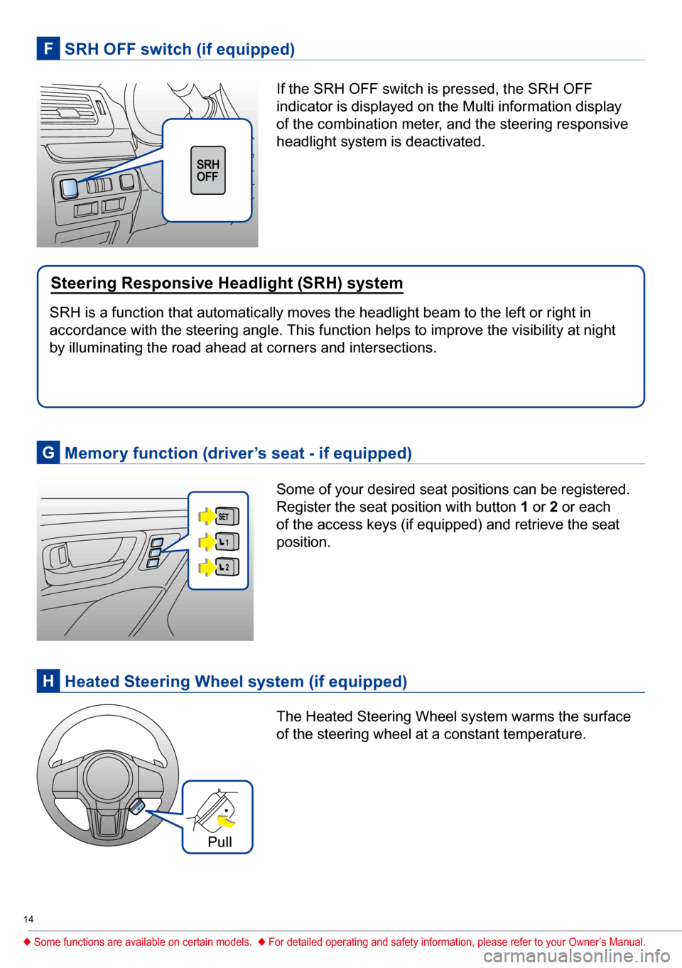 SUBARU FORESTER 2017 SJ / 4.G Quick Reference Guide 14
Memory function (driver’s seat - if equipped)G
Some of your desired seat positions can be registered.
Register the seat position with button 1 or 2 or each
of the access keys (if equipped) a SUBARU FORESTER 2017 SJ / 4.G Quick Reference Guide 14
Memory function (driver’s seat - if equipped)G
Some of your desired seat positions can be registered.
Register the seat position with button 1 or 2 or each
of the access keys (if equipped) a