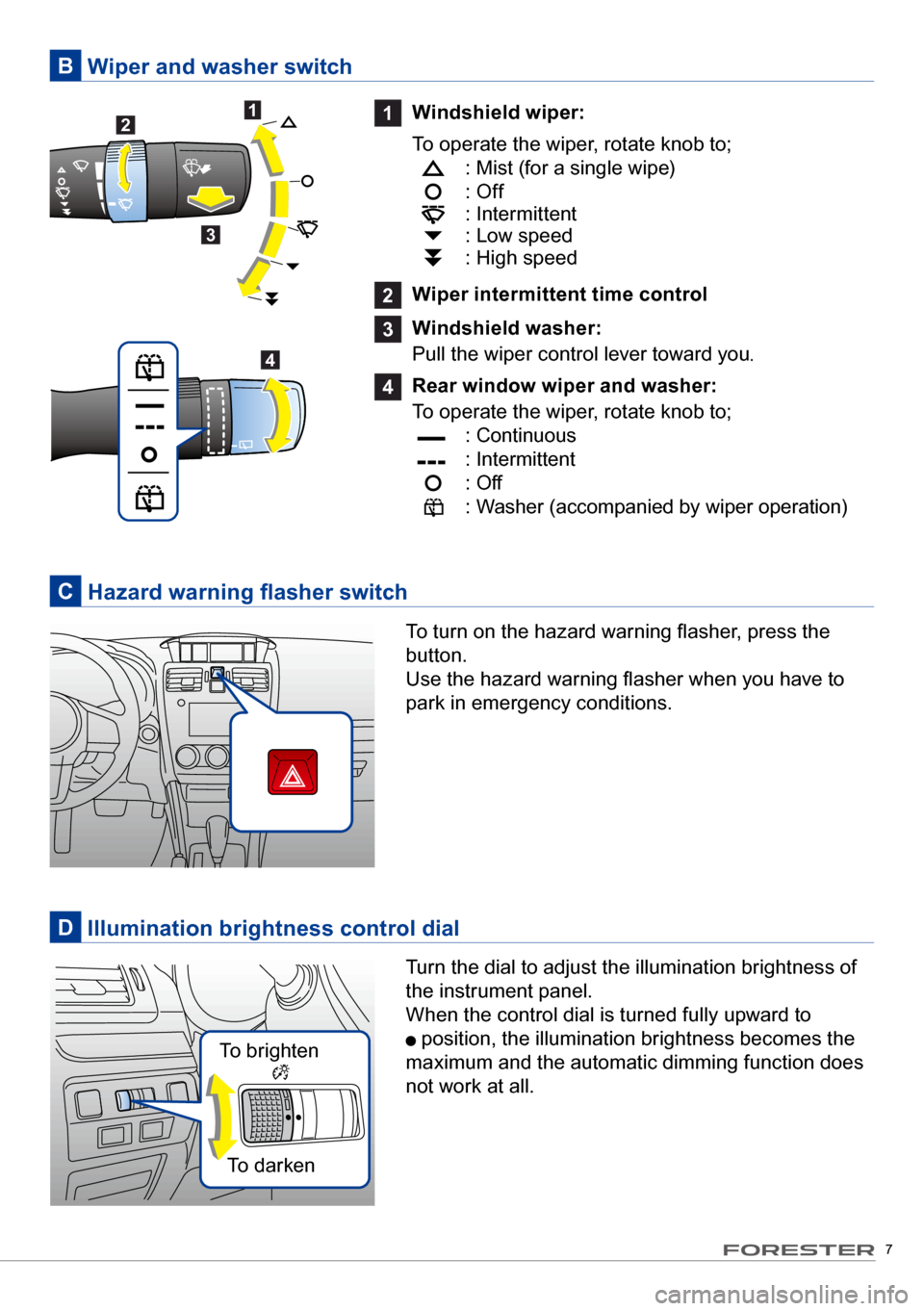 SUBARU FORESTER 2017 SJ / 4.G Quick Reference Guide 7
1 
Windshield wiper:
To operate the wiper, rotate knob to; 
 
  : Mist (for a single wipe) 
 
  : Off 
   : Intermittent 
   : Low speed  
   : High speed
2  
Wiper intermittent time control
3  
Win