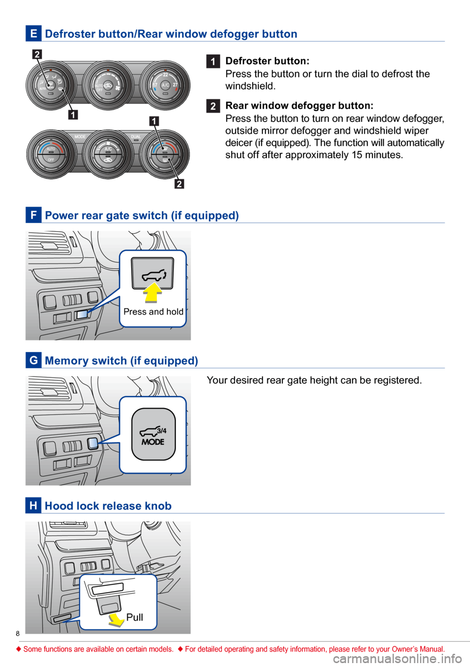 SUBARU FORESTER 2017 SJ / 4.G Quick Reference Guide 8
1 
Defroster button:
Press the button or turn the dial to defrost the 
windshield.
2  
Rear window defogger button:
Press the button to turn on rear window defogger,  outside mirror defogger and win