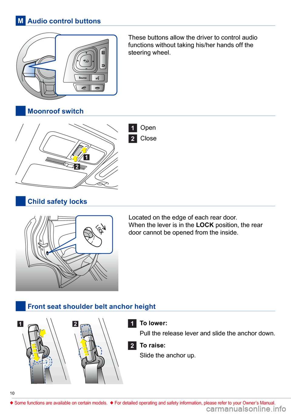 SUBARU FORESTER 2017 SJ / 4.G Quick Reference Guide 10
 Audio control buttonsM
These buttons allow the driver to control audio 
functions without taking his/her hands off the 
steering wheel.
1 
To lower: 
Pull the release lever and slide the anchor do