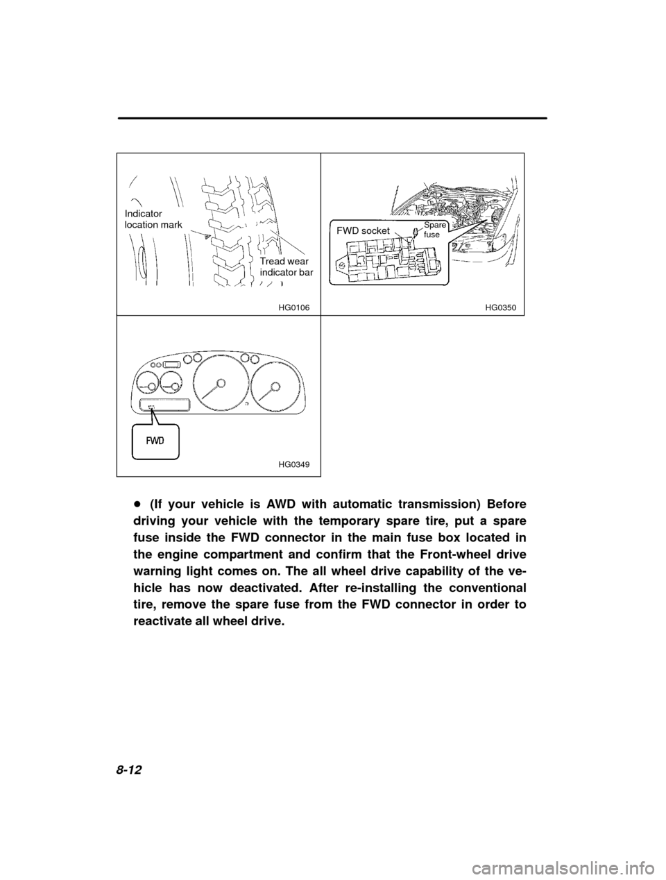 SUBARU IMPREZA 2000 2.G Owners Manual 8-12
HG0350
Indicator  location mark
Tread wear indicator barHG0106
HG0349
FWD socket Spare fuse
� (If your vehicle is AWD with automatic transmission) Before
driving your vehicle with the temporary s