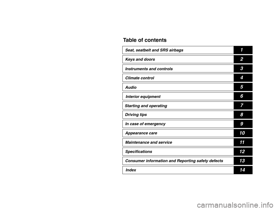 SUBARU IMPREZA 2002 2.G User Guide 11
– CONTINUED  –
1
Table of contents
2
3
4
5
6
7
8
9
10
11
12
13
14
Seat, seatbelt and SRS airbags Keys and doors Instruments and controls Climate control Audio
Interior equipment
Starting and op