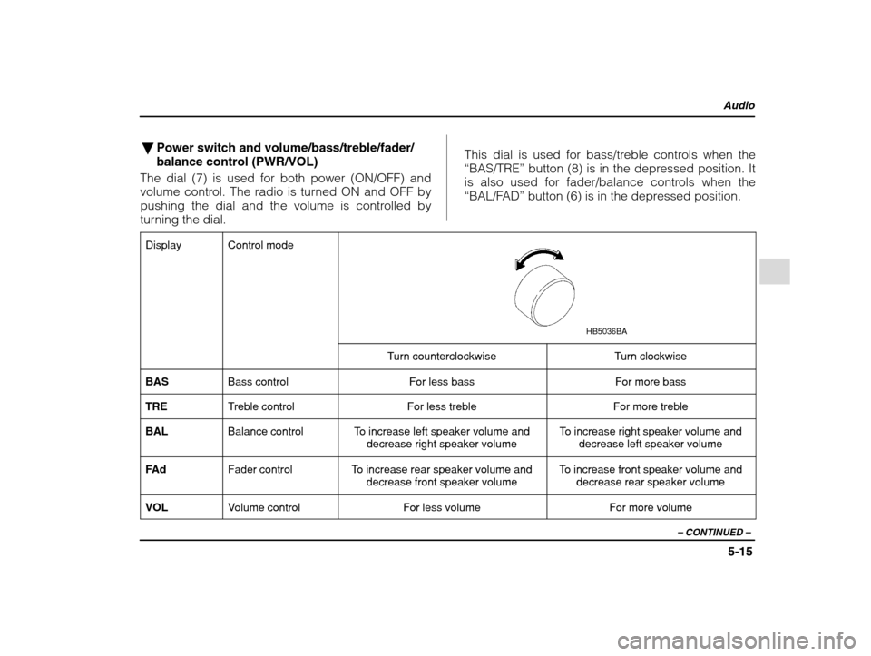 SUBARU IMPREZA 2002 2.G Owners Manual Audio
5-15
– CONTINUED  –
�Power switch and volume/bass/treble/fader/ balance control (PWR/VOL)
The dial (7) is used for both power (ON/OFF) and
volume control. The radio is turned ON and OFF by
p