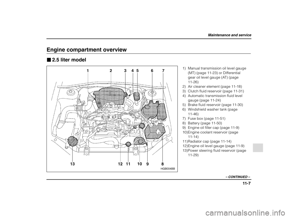 SUBARU IMPREZA 2002 2.G Owners Manual Maintenance and service
11-7
– CONTINUED  –
Engine compartment overview �2.5 liter model
HGB004BB
1) Manual transmission oil level gauge
(MT) (page 11-23) or Differential 
gear oil level gauge (AT