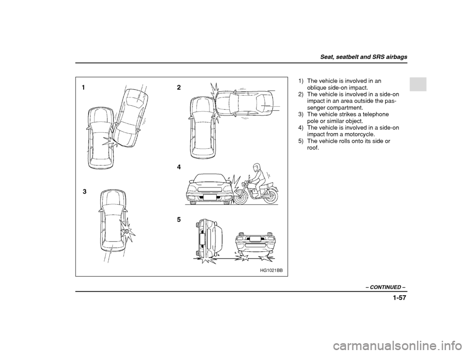 SUBARU IMPREZA 2002 2.G Manual PDF Seat, seatbelt and SRS airbags
1-57
– CONTINUED  –
HG1021BB
1) The vehicle is involved in an
oblique side-on impact.
2) The vehicle is involved in a side-on
impact in an area outside the pas- seng
