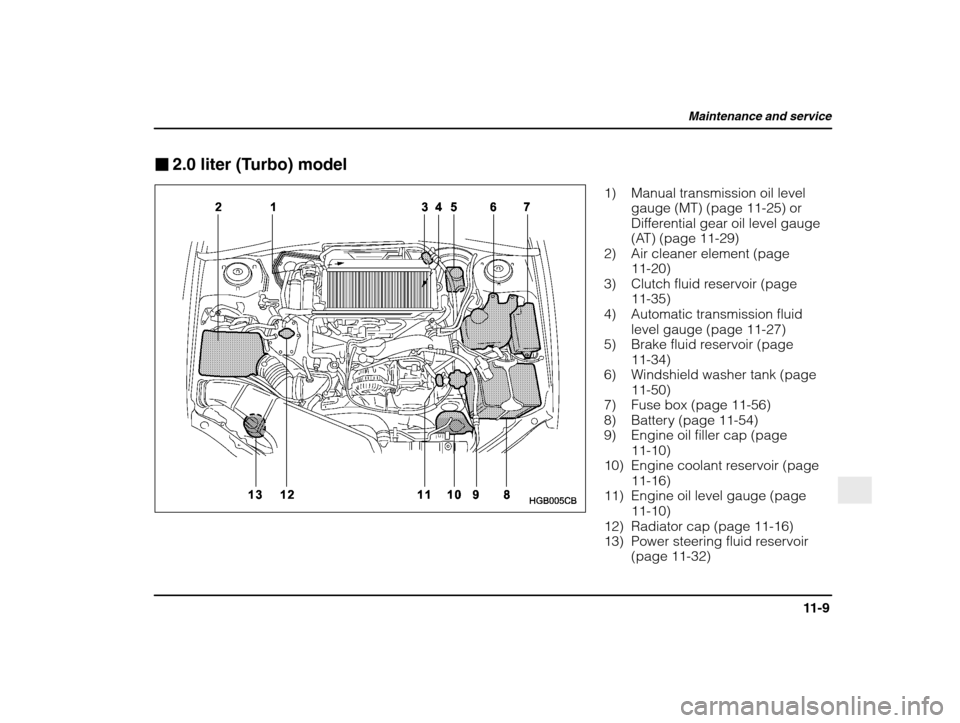 SUBARU IMPREZA 2003 2.G Owners Manual Maintenance and service
11-9
– CONTINUED  –
�2.0 liter (Turbo) model
1) Manual transmission oil level
gauge (MT) (page 11-25) or 
Differential gear oil level gauge
(AT) (page 11-29)
2) Air cleaner