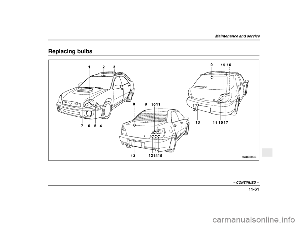 SUBARU IMPREZA 2003 2.G Owners Manual Maintenance and service
11-61
– CONTINUED  –
Replacing bulbs  