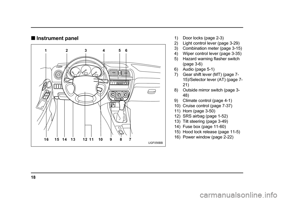 SUBARU IMPREZA 2004 2.G Owners Manual 18
!
Instrument panel
12345 6
7
8
9
11
12
13
14
15
16 10
UGF056BB
1) Door locks (page 2-3) 
2) Light control lever (page 3-29)
3) Combination meter (page 3-15) 
4) Wiper control lever (page 3-35) 
5) 