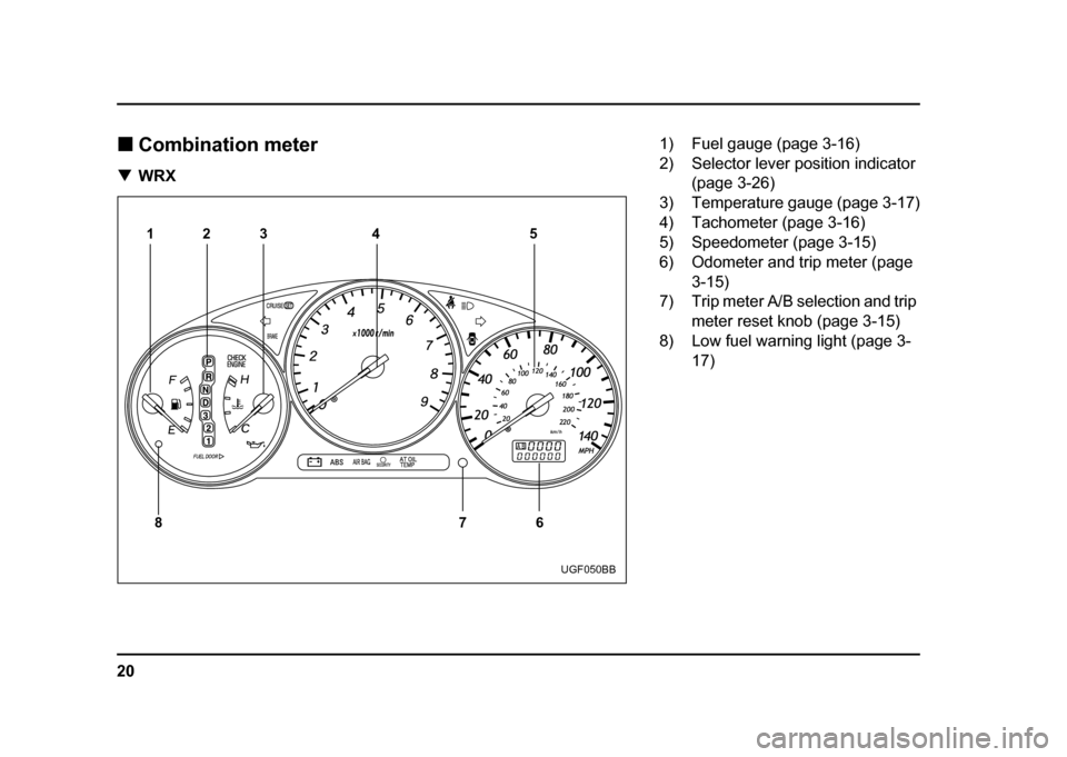 SUBARU IMPREZA 2004 2.G Owners Manual 20
!
Combination meter
! WRX
1
86 7
23 5
4
UGF050BB
1) Fuel gauge (page 3-16) 
2) Selector lever position indicator 
(page 3-26)
3) Temperature gauge (page 3-17)
4) Tachometer (page 3-16)
5) Speedomet