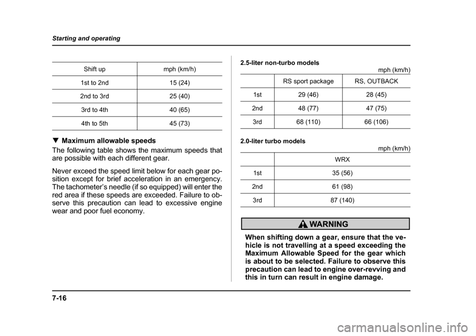 SUBARU IMPREZA 2005 2.G Owners Manual 7-16
Starting and operating
�T
Maximum allowable speeds
The following table shows the maximum speeds that 
are possible with each different gear. 
Never exceed the speed limit below for each gear po- 