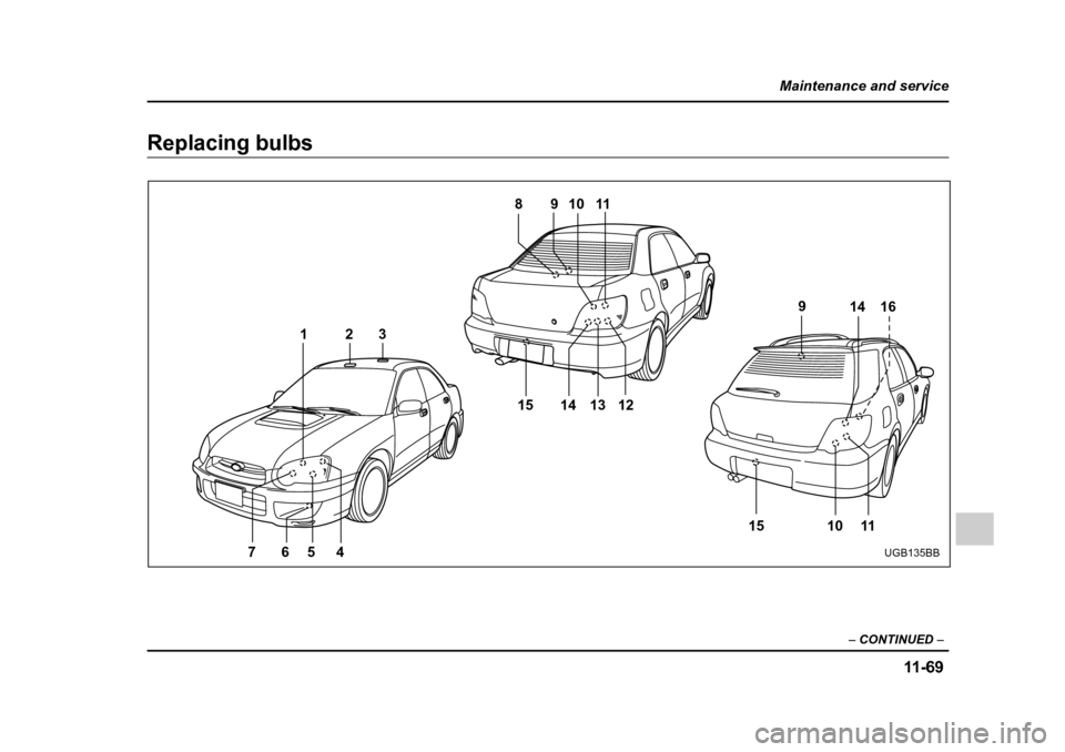 SUBARU IMPREZA 2005 2.G Owners Manual 11 -6 9
Maintenance and service
– CONTINUED  –
Replacing bulbs
9
81 011
14 13 12 10 11
65 4
7 123
15
1514 16
9
UGB135BB 
