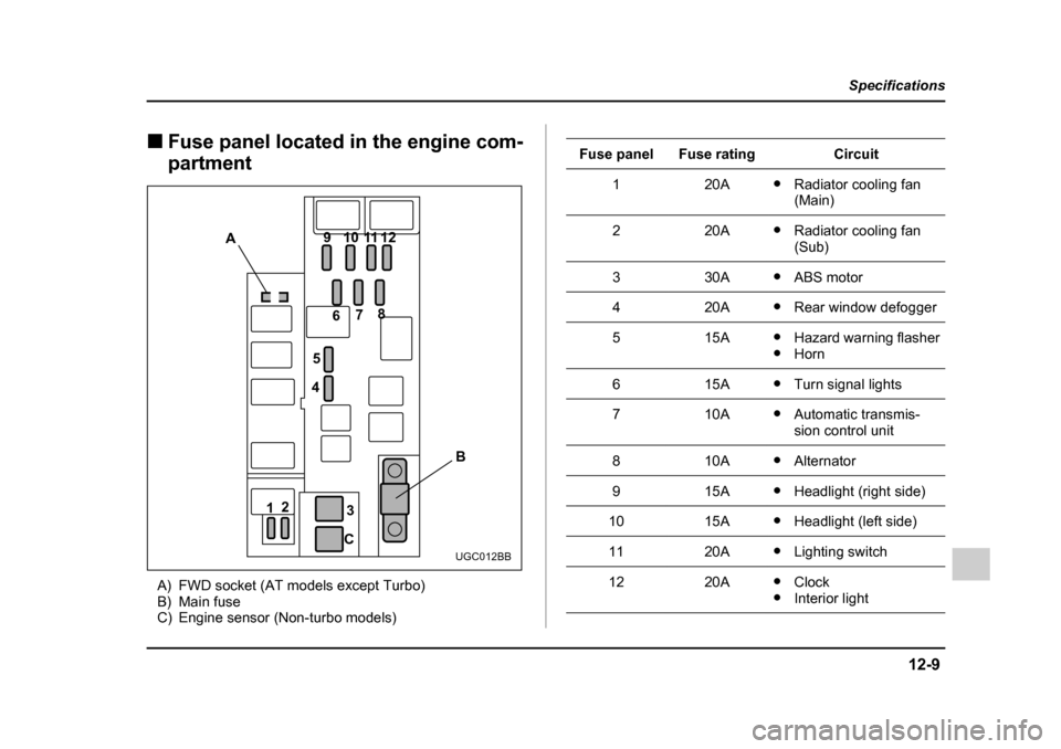 SUBARU IMPREZA 2005 2.G Owners Manual 12-9
Specifications
–  CONTINUED  –
�„Fuse panel located in the engine com- partment
A) FWD socket (AT models except Turbo) 
B) Main fuse 
C) Engine sensor (Non-turbo models)
A 12
3
C B
4
5 6
78