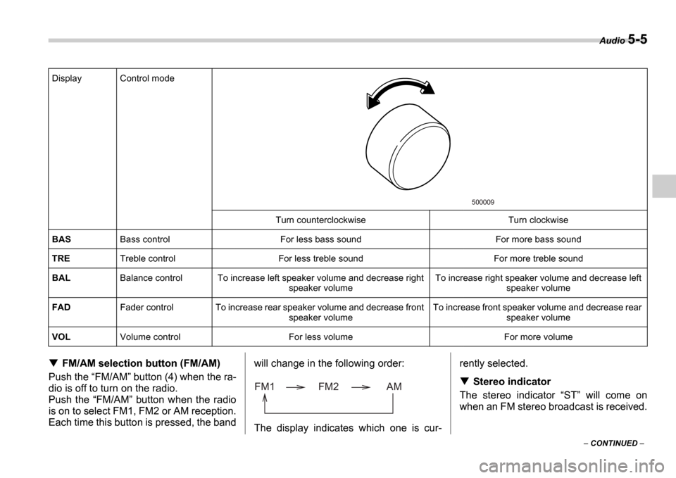 SUBARU IMPREZA 2006 2.G Owners Manual Audio 5-5
 CONTINUED  
FM/AM selection button (FM/AM)
Push the  FM/AM  button (4) when the ra-
dio is off to turn on the radio. 
Push  the  FM/AM   button  when  the  radio
is on to select