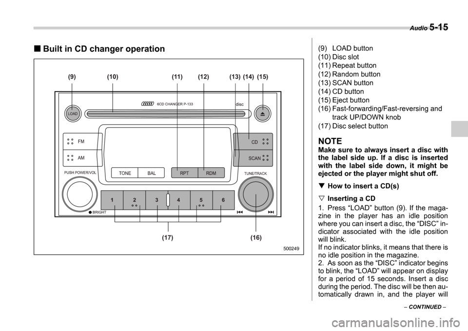 SUBARU IMPREZA 2006 2.G Owners Manual Audio 5-15
 CONTINUED  
Built in CD changer operation
(9)
(17) (16)(12)
(11)
(10) (13) (14) (15)
500249
(9) LOAD button 
(10) Disc slot
(11) Repeat button 
(12) Random button 
(13) SCAN button
(14