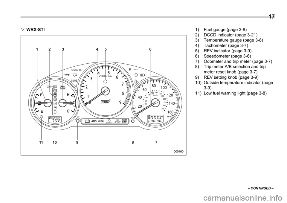 SUBARU IMPREZA 2006 2.G Owners Manual 17
 CONTINUED  
WRX-STI
000160
km/h
AB
11 10 9 8 7 6
5
4
3
2
1
1) Fuel gauge (page 3-8) 
2) DCCD indicator (page 3-21)
3) Temperature gauge (page 3-8) 
4) Tachometer (page 3-7) 
5) REV indicator (