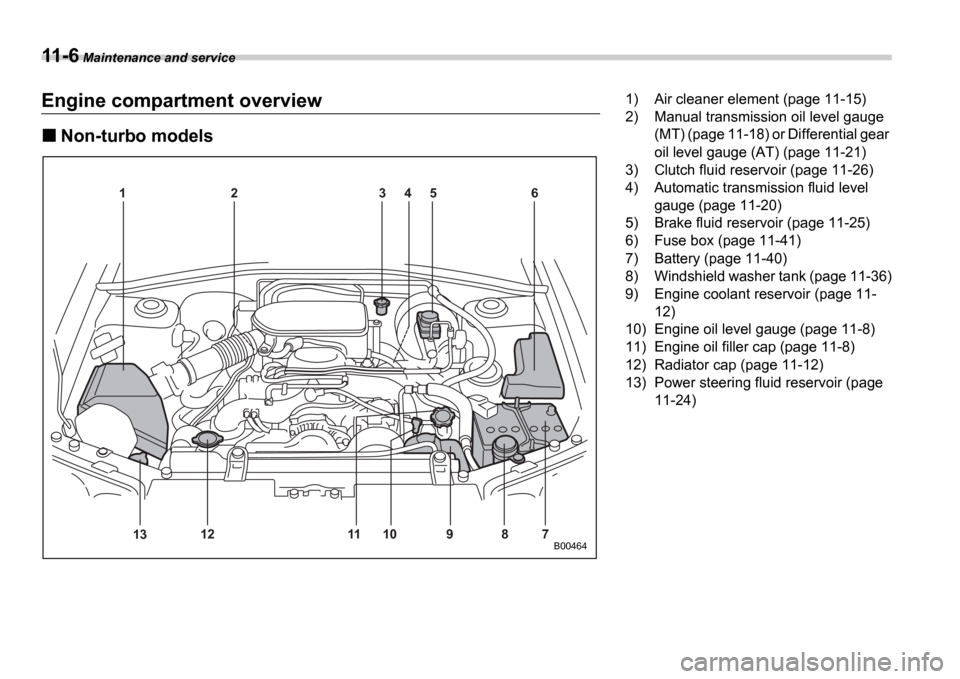 SUBARU IMPREZA 2006 2.G Owners Manual 11-6 Maintenance and service
Engine compartment overview
Non-turbo models
1 2 3 4 5 6
7
8
9
10
11
13 12
B00464
1) Air cleaner element (page 11-15) 
2) Manual transmission oil level gauge 
(MT) (page 1