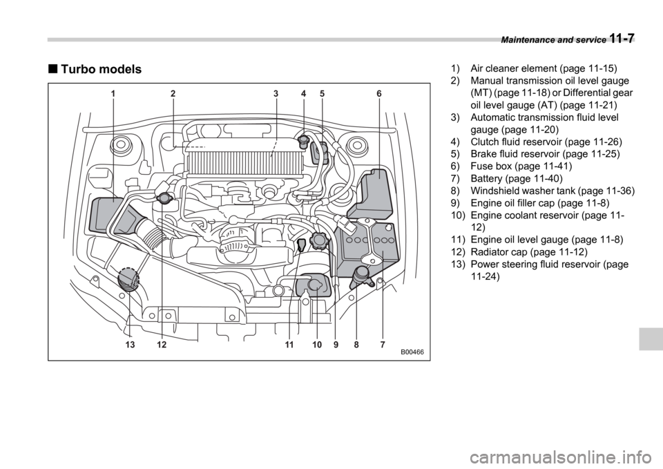 SUBARU IMPREZA 2006 2.G Owners Manual Maintenance and service 11-7
Turbo models
1 2 3 4 5 6
7
8
9
10
11
12
13
B00466
1) Air cleaner element (page 11-15) 
2) Manual transmission oil level gauge 
(MT) (page 11-18) or Differential gear  
oil