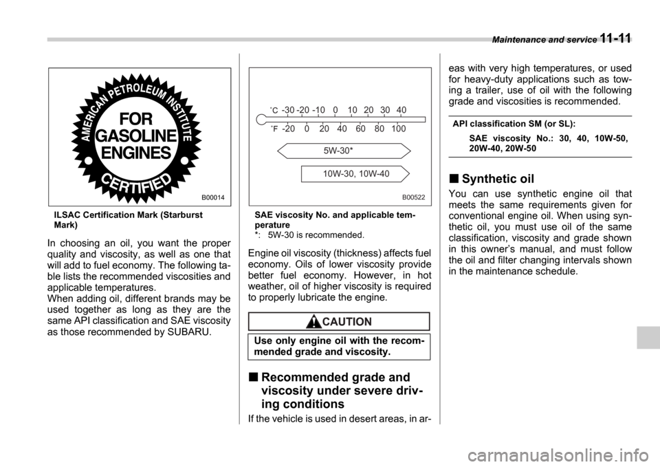 SUBARU IMPREZA 2006 2.G Owners Manual Maintenance and service 11-11
ILSAC Certification Mark (Starburst  
Mark)
In  choosing  an  oil,  you  want  the  proper 
quality  and  viscosity,  as  well  as  one  that 
will add to fuel economy. T