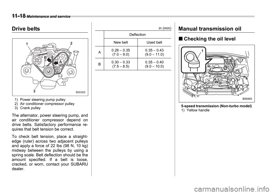 SUBARU IMPREZA 2006 2.G Owners Manual 11-18 Maintenance and service
Drive belts
1) Power steering pump pulley 
2) Air conditioner compressor pulley
3) Crank pulley
The alternator, power steering pump, and 
air  conditioner  compressor  de