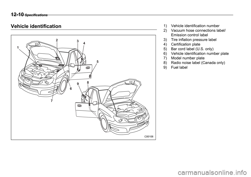 SUBARU IMPREZA 2006 2.G Owners Manual 12-10 Specifications
Vehicle identification
1 2
3
4
5
6
7 9
8
C00108
1) Vehicle identification number 
2) Vacuum hose connections label/
Emission control label
3) Tire inflation pressure label
4) Cert