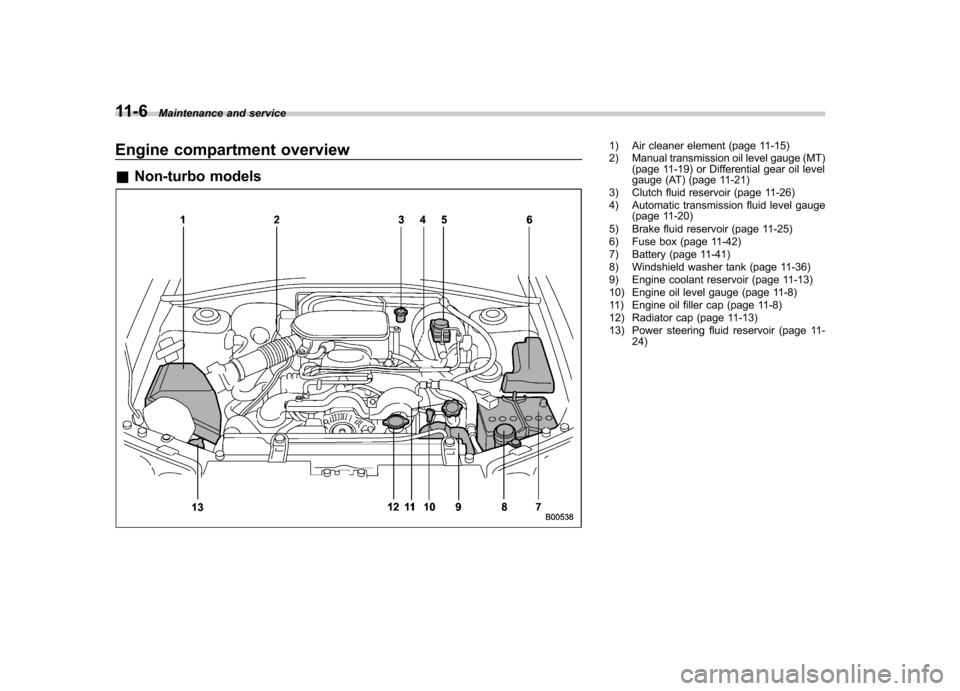 SUBARU IMPREZA 2007 3.G Owners Manual 11-6Maintenance and service
Engine compartment overview &Non-turbo models1) Air cleaner element (page 11-15) 
2) Manual transmission oil level gauge (MT)
(page 11-19) or Differential gear oil level 
g