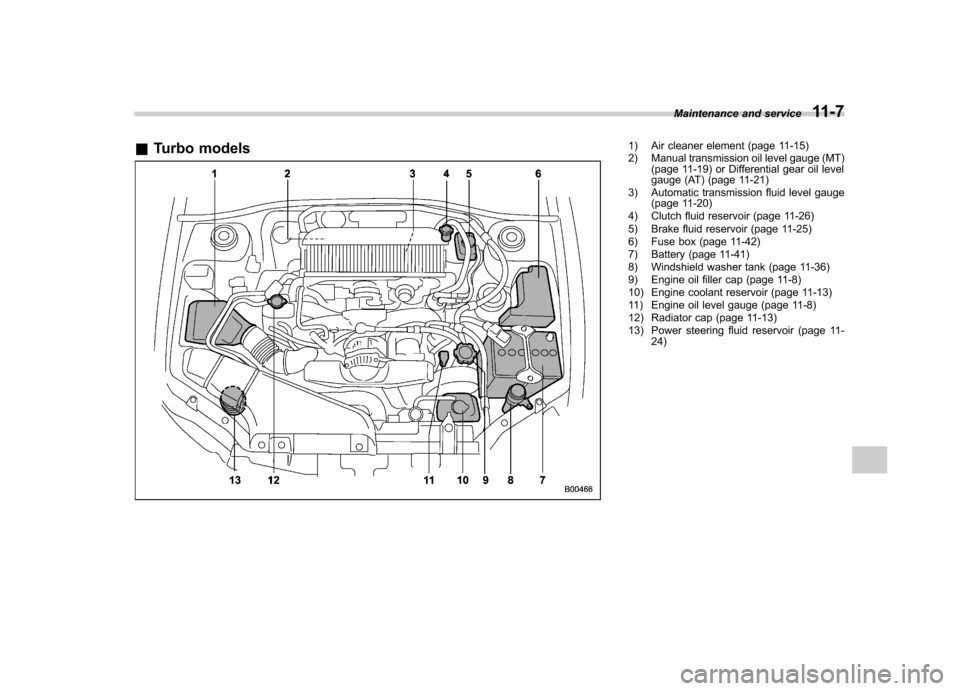 SUBARU IMPREZA 2007 3.G Owners Manual &Turbo models1) Air cleaner element (page 11-15) 
2) Manual transmission oil level gauge (MT)
(page 11-19) or Differential gear oil level 
gauge (AT) (page 11-21)
3) Automatic transmission fluid level