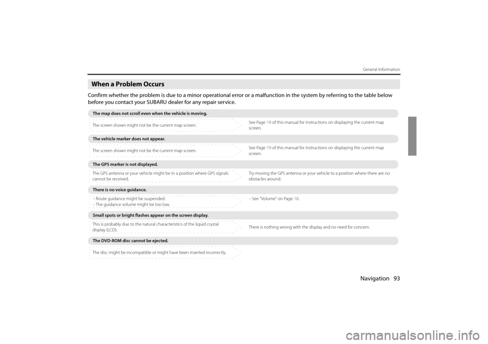 SUBARU IMPREZA 2011 4.G Navigation Manual 
Navigation 93
General Information
When a Problem Occurs
Confirm whether the problem is due to a minor operational error or a malfunction in the system by referring to the table below 
before you cont