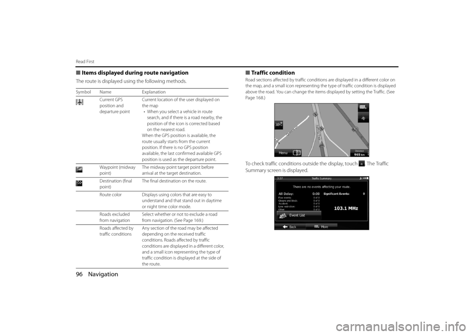 SUBARU IMPREZA 2012 4.G Navigation Manual 96 Navigation
Read First
■Items displayed during route navigation
The route is displayed using the following methods.
■Traffic condition
Road sections affected by traffic conditions are displa SUBARU IMPREZA 2012 4.G Navigation Manual 96 Navigation
Read First
■Items displayed during route navigation
The route is displayed using the following methods.
■Traffic condition
Road sections affected by traffic conditions are displa