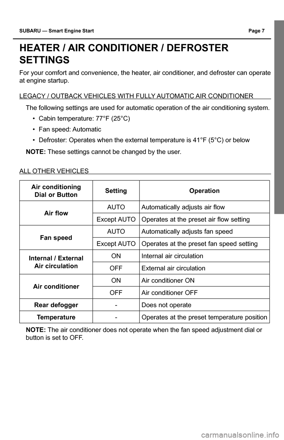SUBARU IMPREZA 2015 4.G Smart Engine Start Guide SUBARU — Smart Engine Start Page 7 
HEATER / AIR CONDITIONER / DEFROSTER  
SETTINGS
For your comfort and convenience, the heater, air conditioner, and defroster can operate 
at engine startup. 
LEGA