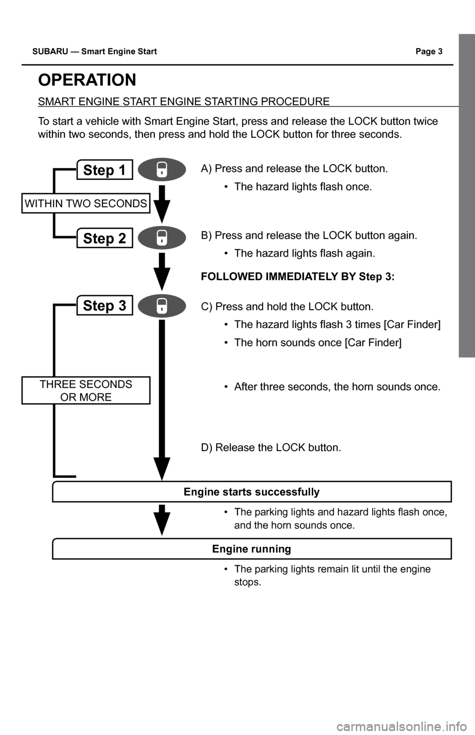 SUBARU IMPREZA 2015 4.G Smart Engine Start Guide SUBARU — Smart Engine Start Page 3 
OPERATION
SMART ENGINE START ENGINE STARTING PROCEDURE
To start a vehicle with Smart Engine Start, press and release the LOCK bu\
tton twice 
within two seconds, 