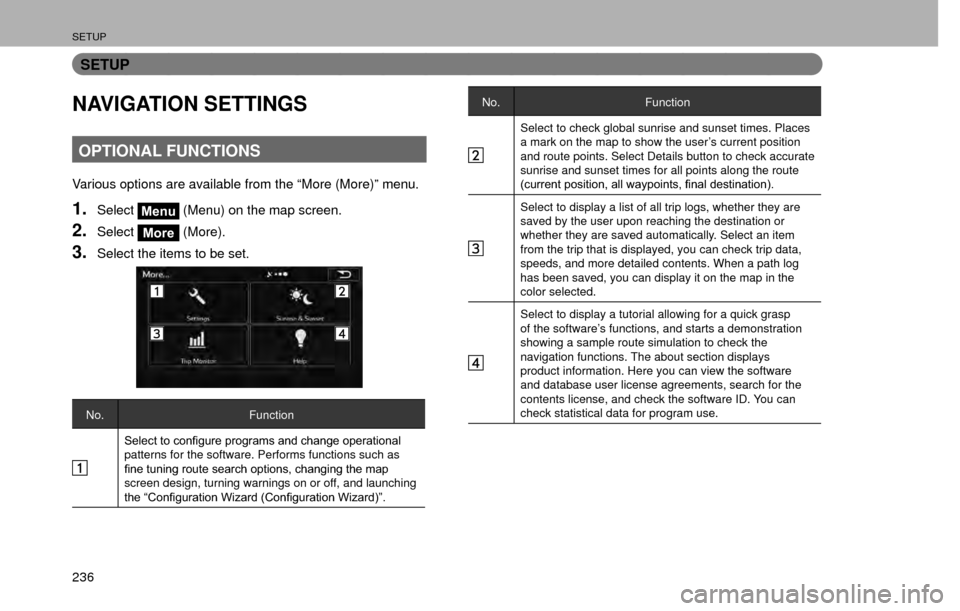 SUBARU IMPREZA 2016 5.G Multimedia System Manual SETUP
236
SETUP
NAVIGATION SETTINGS
OPTIONAL FUNCTIONS
Various options are available from the “More (More)” menu.
1.SelectMenu (Menu) on the map screen.
2.SelectMore (More).
3.Select the items to 