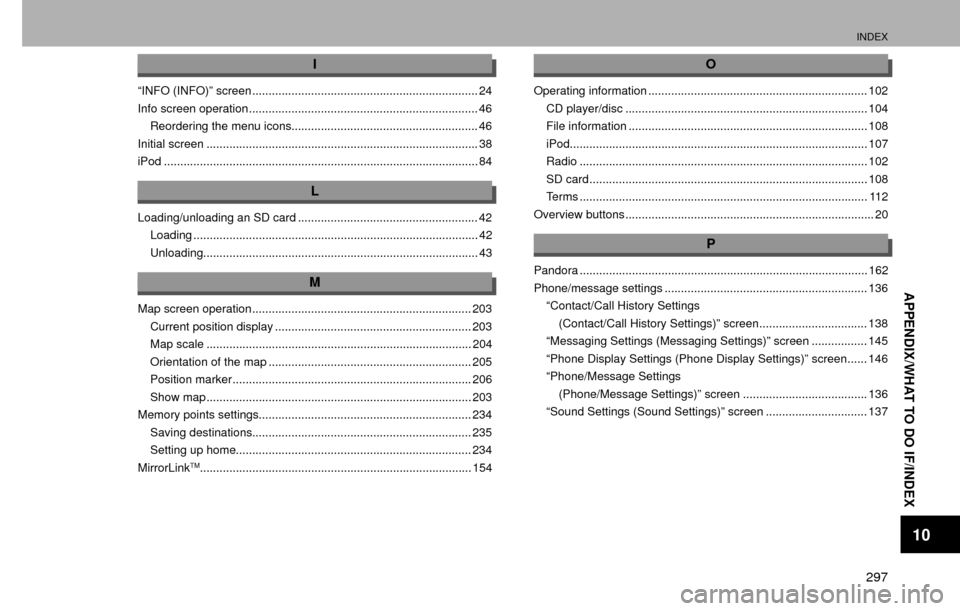 SUBARU IMPREZA 2016 5.G Multimedia System Manual INDEX
297
APPENDIX/WHAT TO DO IF/INDEX
10
I
“INFO (INFO)” screen ..................................................................... 24
Info screen operation ....................................