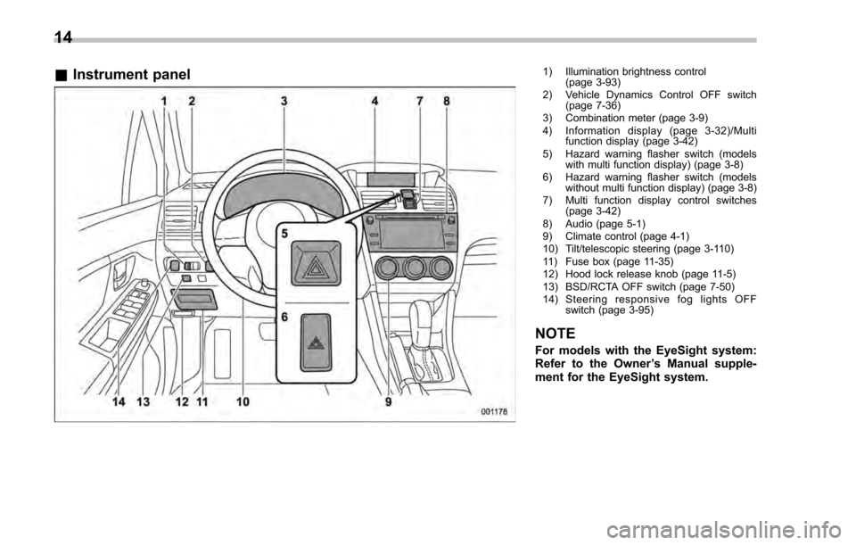 SUBARU IMPREZA 2016 5.G User Guide &Instrument panel1) Illumination brightness control
(page 3-93)
2) Vehicle Dynamics Control OFF switch (page 7-36)
3) Combination meter (page 3-9)
4) Information display (page 3-32)/Multi function dis