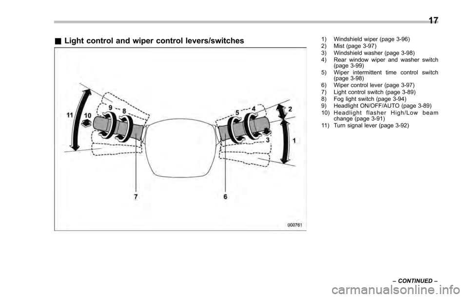 SUBARU IMPREZA 2016 5.G Owners Manual &Light control and wiper control levers/switches1) Windshield wiper (page 3-96)
2) Mist (page 3-97)
3) Windshield washer (page 3-98)
4) Rear window wiper and washer switch
(page 3-99)
5) Wiper intermi