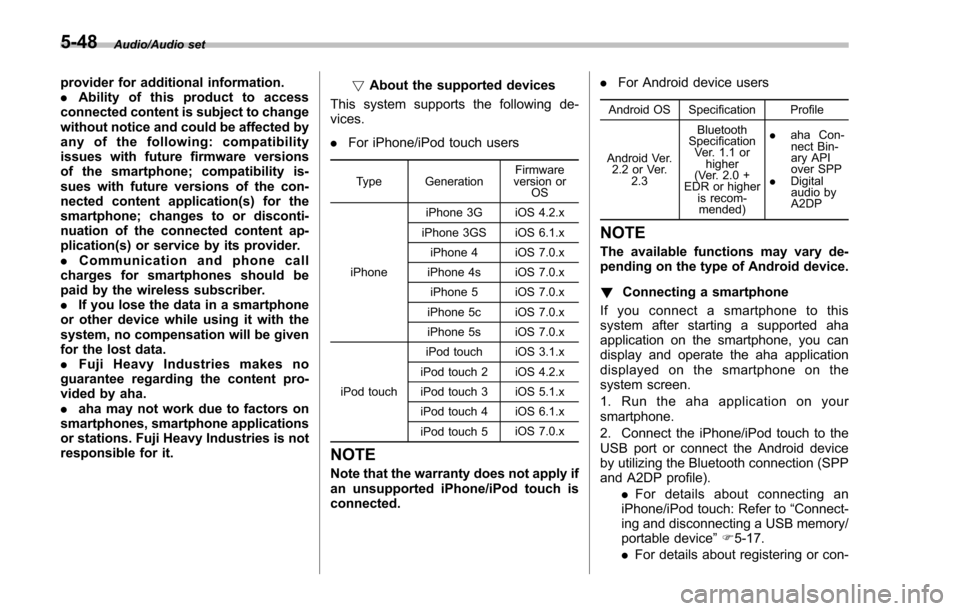 SUBARU IMPREZA 2016 5.G Owners Manual Audio/Audio set
provider for additional information.
.Ability of this product to access
connected content is subject to change
without notice and could be affected by
any of the following: compatibili