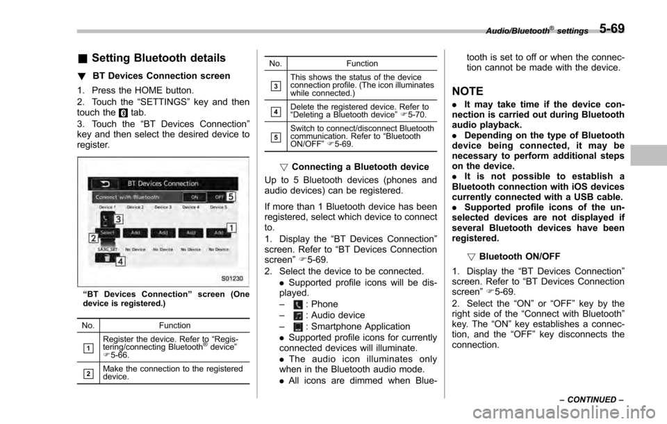 SUBARU IMPREZA 2016 5.G Owners Manual &Setting Bluetooth details
! BT Devices Connection screen
1. Press the HOME button.
2. Touch the “SETTINGS”key and then
touch the
tab.
3. Touch the “BT Devices Connection ”
key and then select