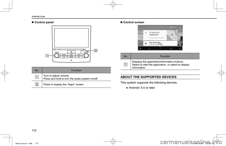 SUBARU IMPREZA 2017 5.G Navigation Manual  XControl panel
No.Function
Turn to adjust volume.Press and hold to turn the audio system on/off.
Press to display the “Apps” screen.
 XControl screen
No.Function
Displays the application/informat