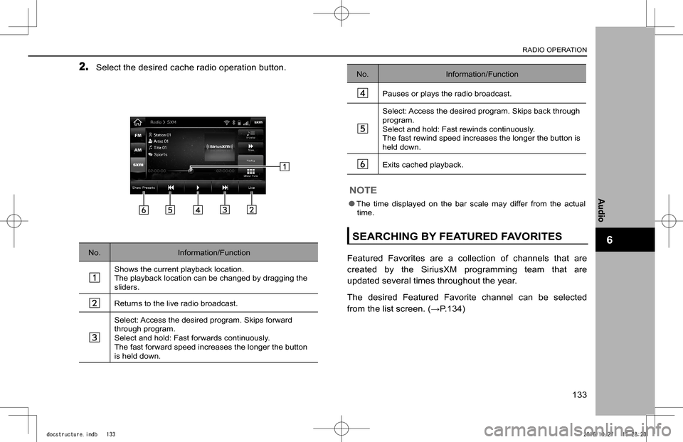 SUBARU IMPREZA 2017 5.G Navigation Manual 2. Select the desired cache radio operation button.
No.Information/Function
Shows the current playback location.The playback location can be changed by dragging the sliders.
Returns to the live radio 