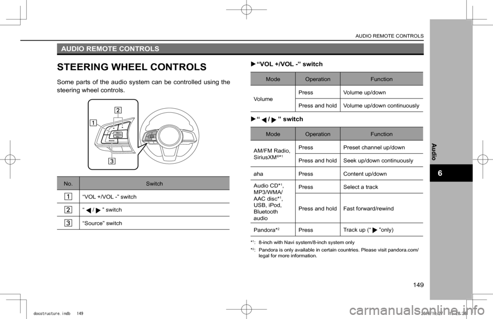 SUBARU IMPREZA 2017 5.G Navigation Manual AUDIO REMOTE CONTROLS
STEERING WHEEL CONTROLS
Some parts of the audio system can be controlled using the 
steering wheel controls.
No.Switch
“VOL +/VOL -” switch
“/” switch
“Source” switch