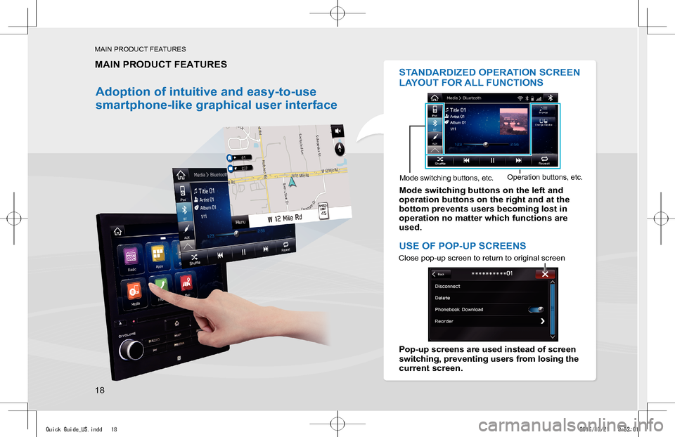 SUBARU IMPREZA 2017 5.G Navigation Manual MAIN PRODUCT FEATURES
18
MAIN PRODUCT FEATURES
Adoption of intuitive and easy-to-use 
smartphone-like graphical user interface
STANDARDIZED OPERATION SCREEN 
LAYOUT FOR ALL FUNCTIONS
Mode switching bu