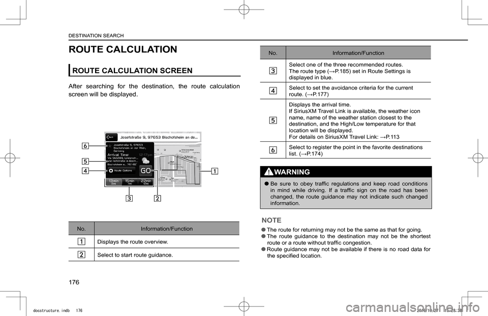 SUBARU IMPREZA 2017 5.G Navigation Manual ROUTE CALCULATION
ROUTE CALCULATION SCREEN
After  searching  for  the  destination,  the  route  calculation 
screen will be displayed.
No.Information/Function
Displays the route overview.
Select to s